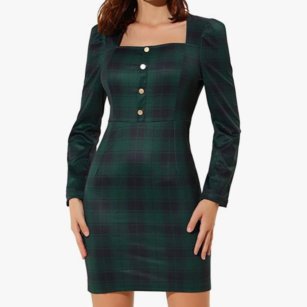 Women’s Green Plaid Long Sleeve Dress. Square neck. Form fitting.
